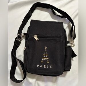 Petit Crossbody with Paris Bling. 3 Zippered pockets. 32” + detachable strap